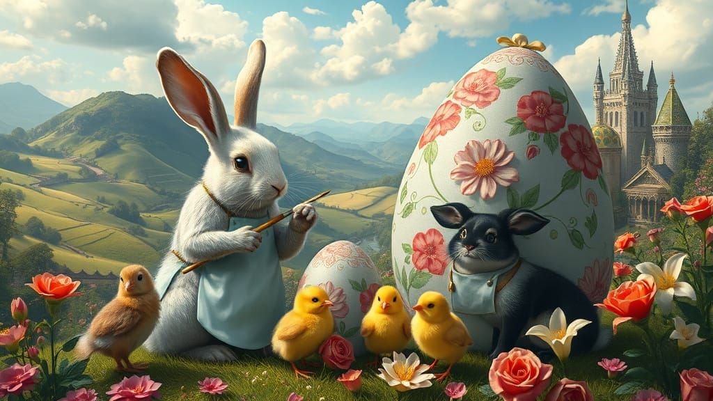 Rabbits and Chicks Painting Easter Eggs in Fantasy Realism