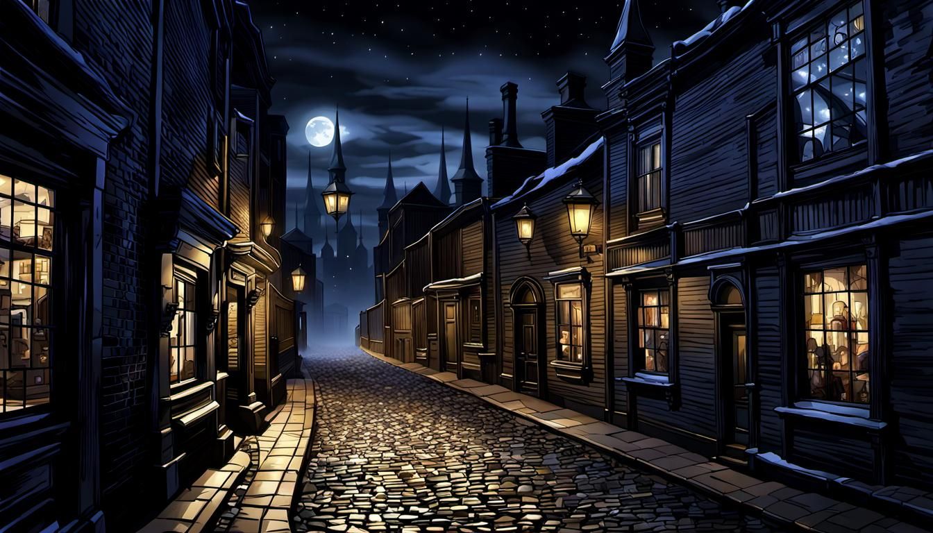 Victorian Town at Night in Realistic Style