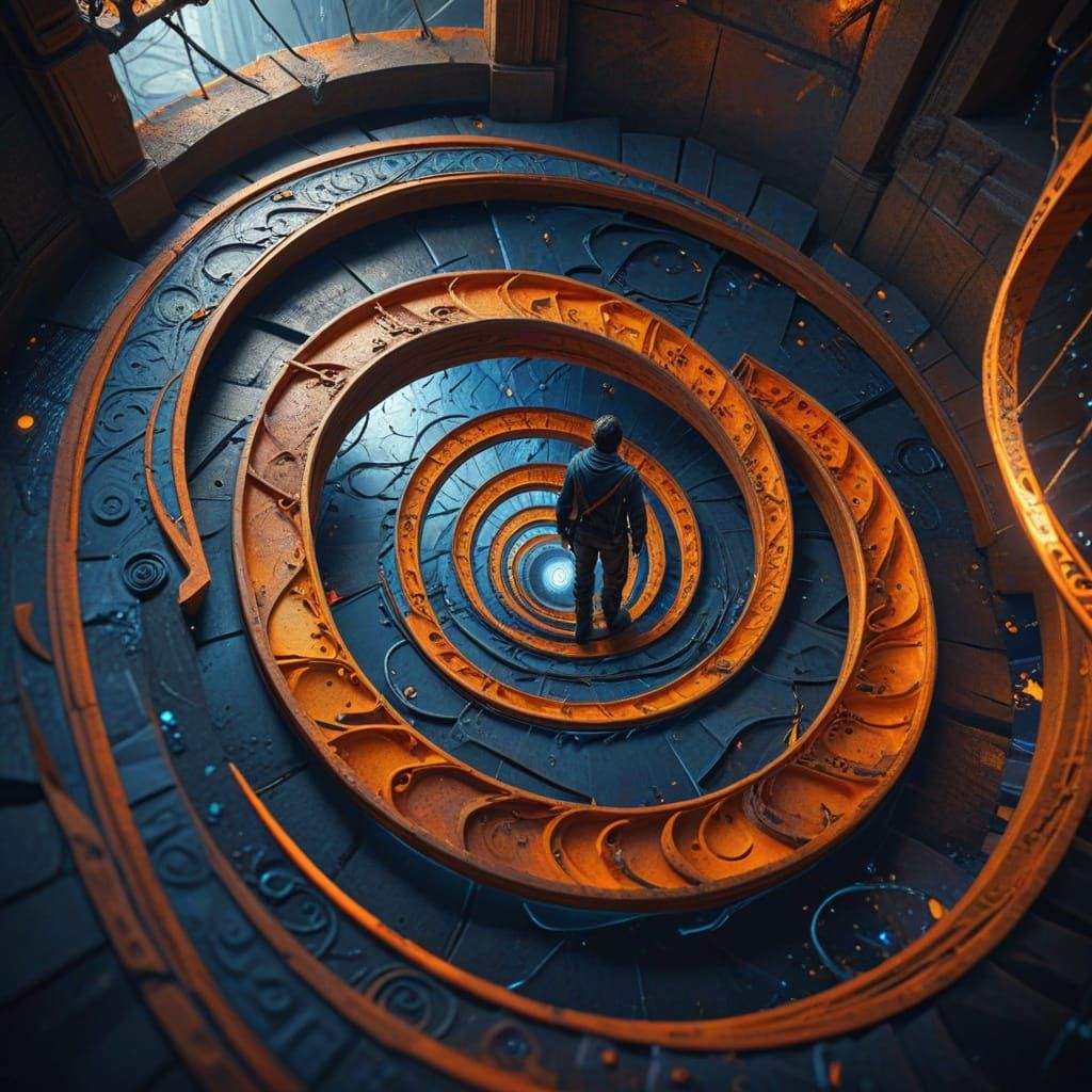 Vertigo Art: Explorer in Distorted Geometric Landscape