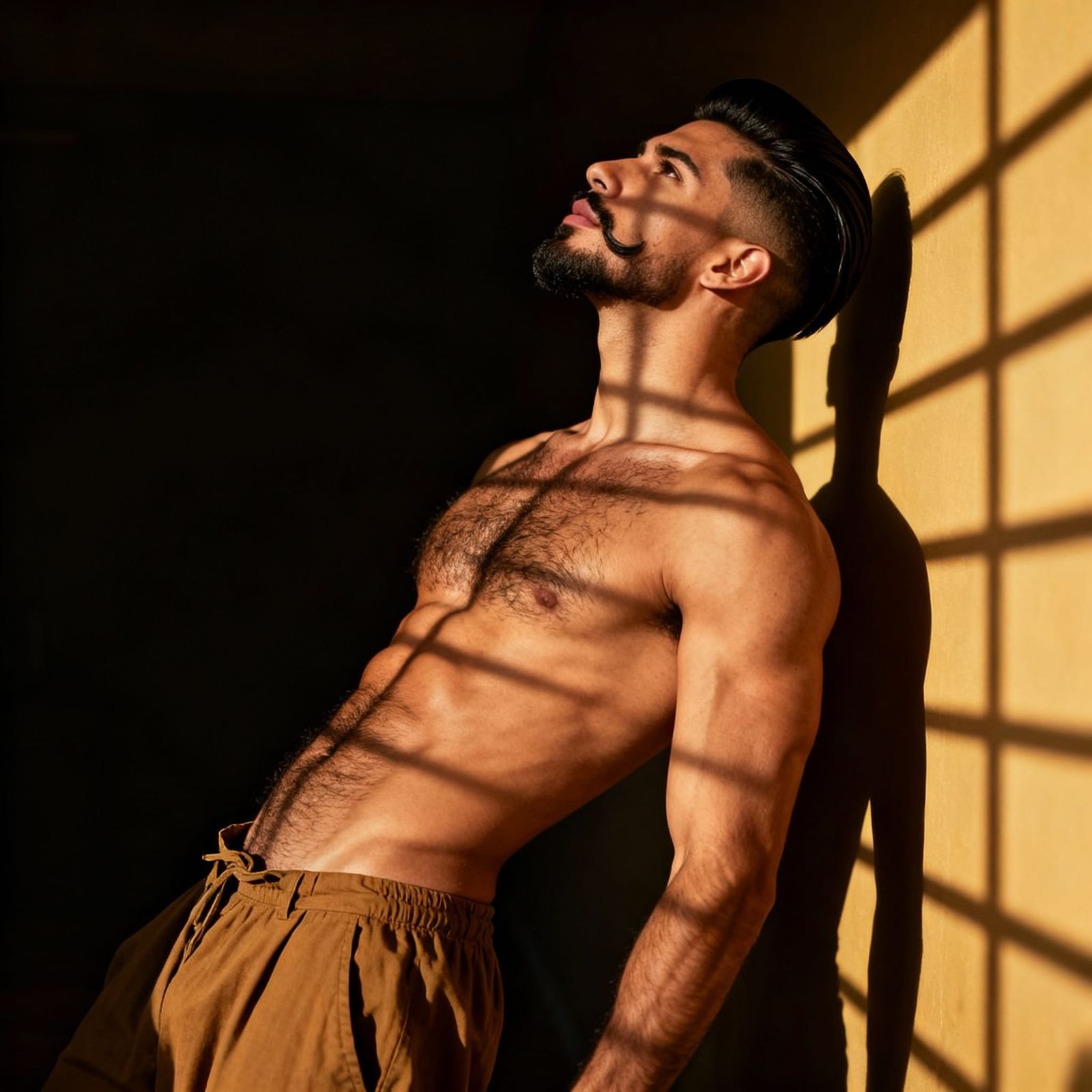 Hairy Muscular Man Posed in Dramatic Light
