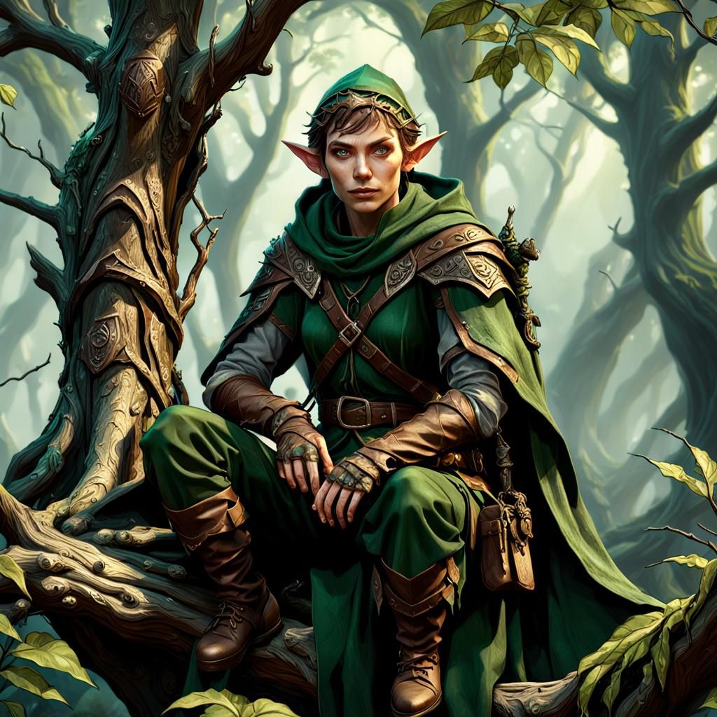 Elf Ranger in Dark Fantasy Forest, Detailed Art