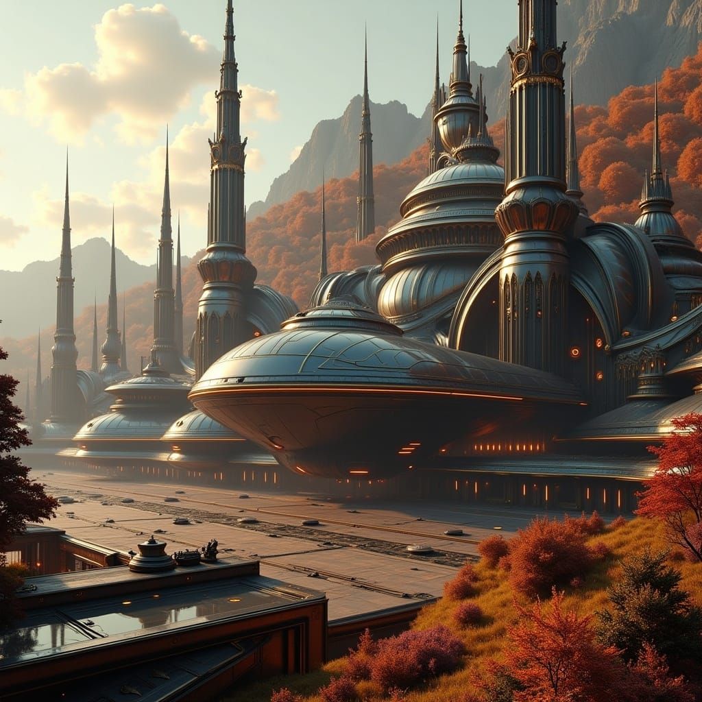 Surreal Futuristic Spacecraft Hangar Amidst Autumnal Redwood...