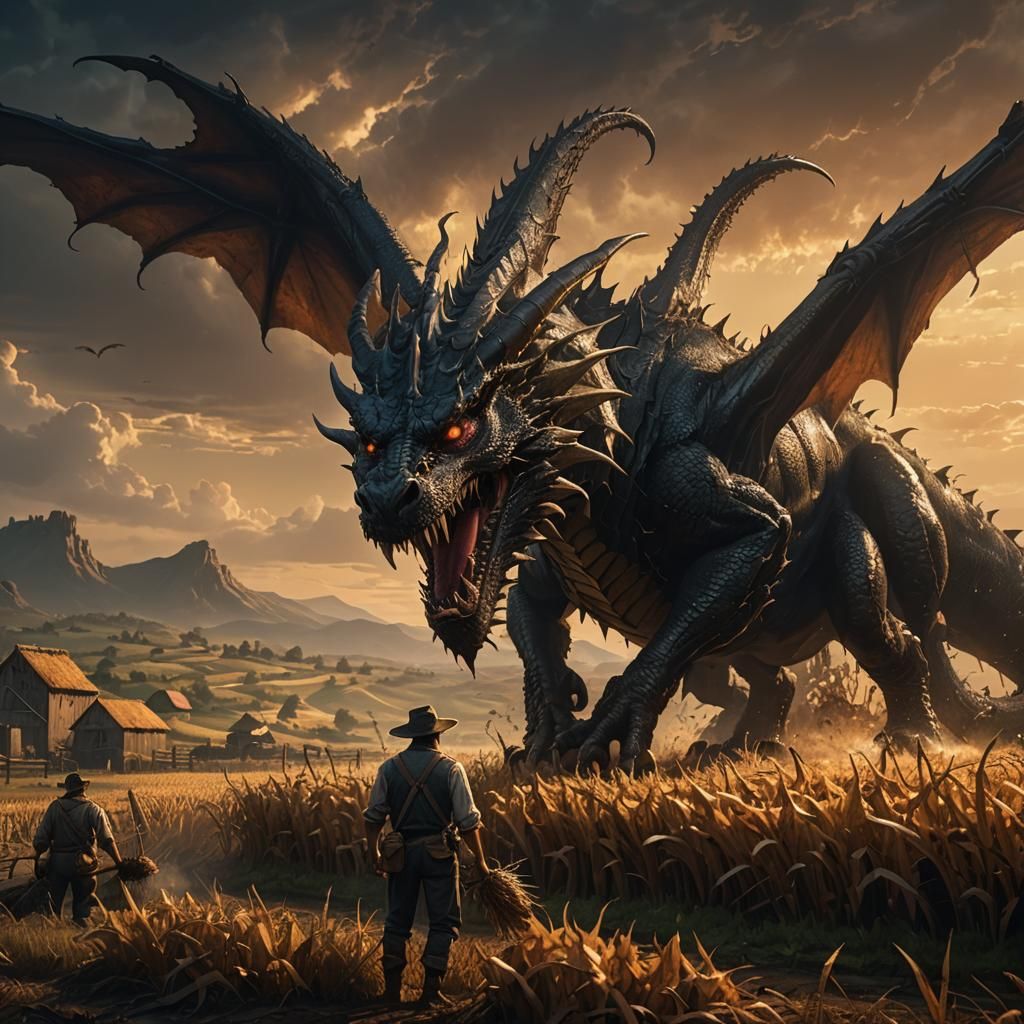 Farmer and Dragon in Dark Fantasy Art Nouveau Style
