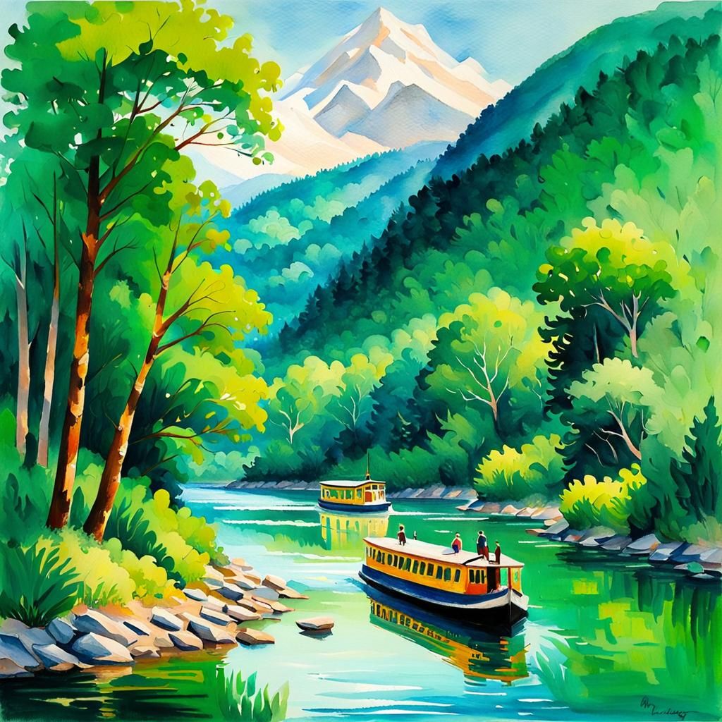 Picturesque Ferry on River in Gouache Watercolor Style