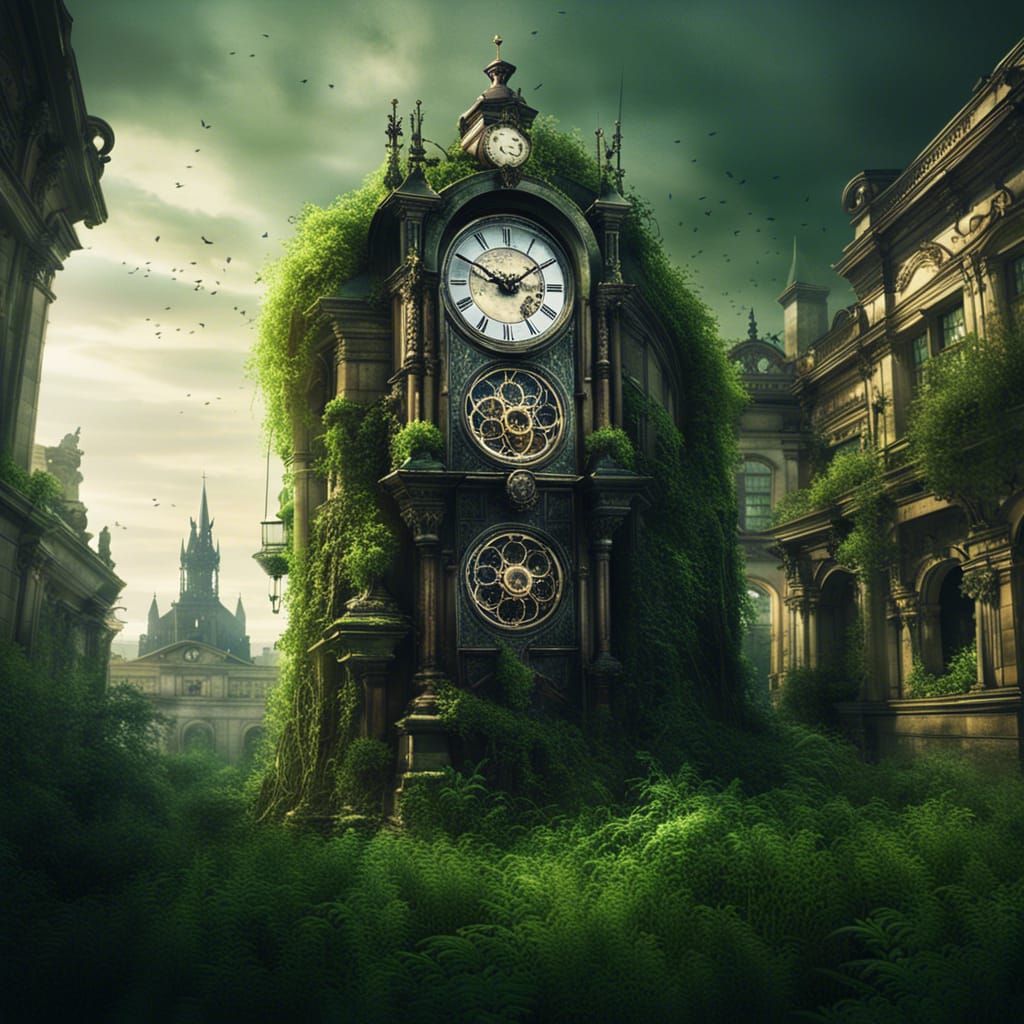 Post-Apocalyptic Prague Clock in Overgrown City