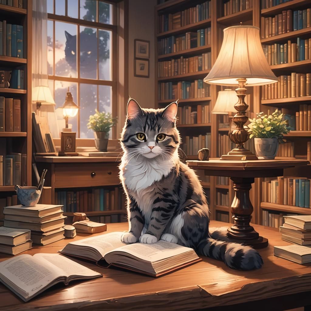 Cat Reading in Library: Moe Anime Illustration