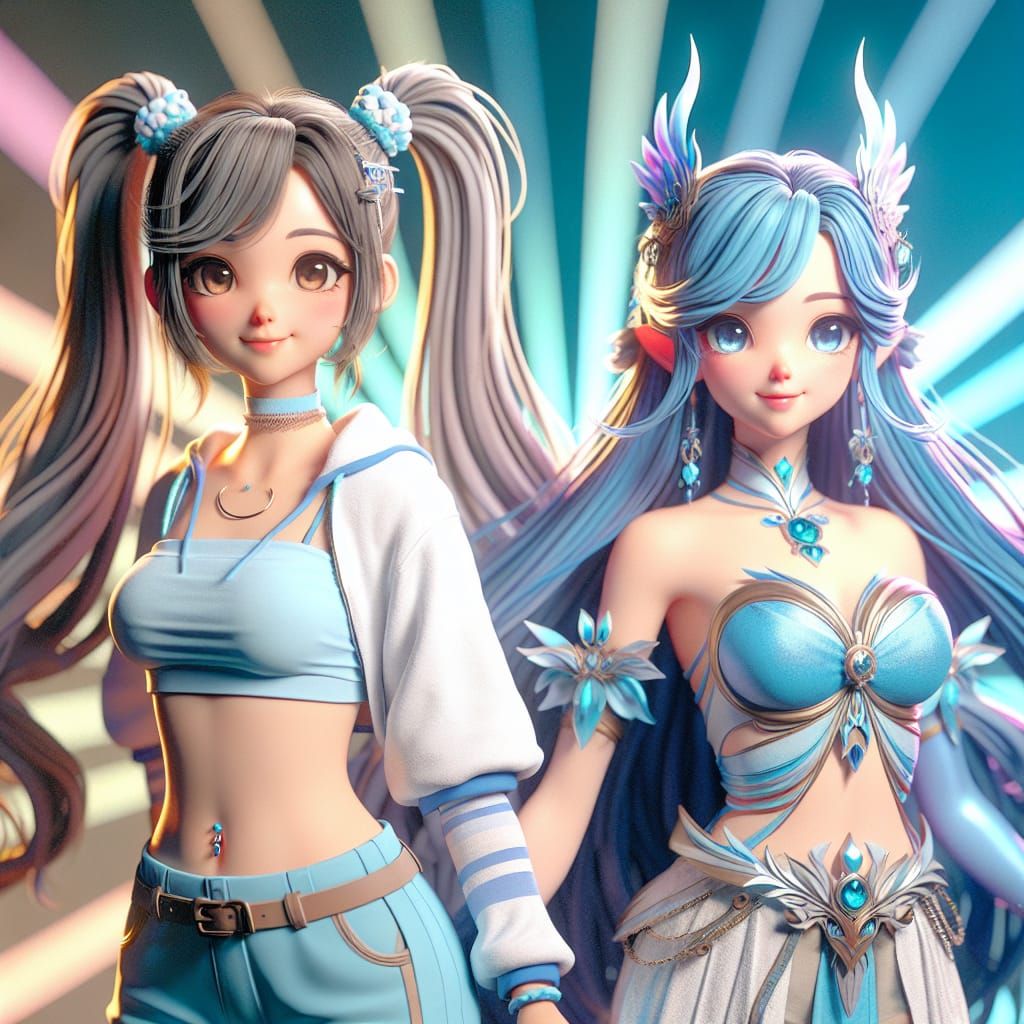 Girl in Light Blue Ponytails Surrounded by a Blue Valkyrie i...