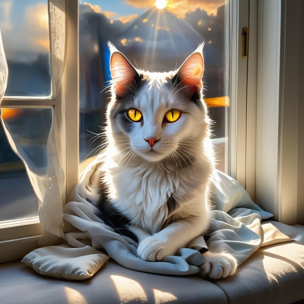 Divine Cat with Cosmic Eyes in Sunlit Window Seat