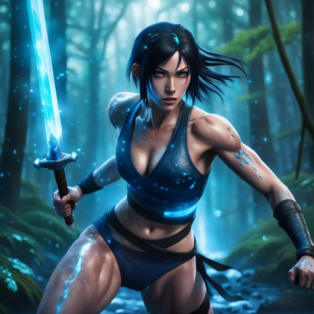 Warrior with Glowing Sword in Misty Forest