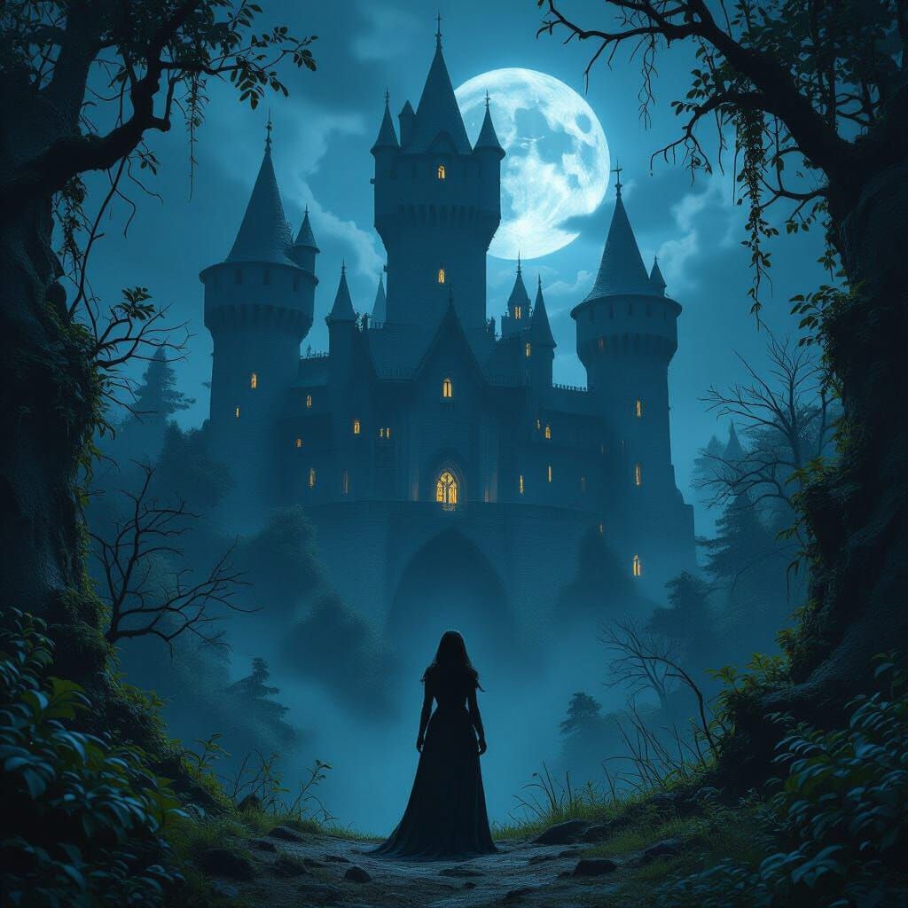 Mysterious Woman at Moonlit Castle in Overgrown Forest