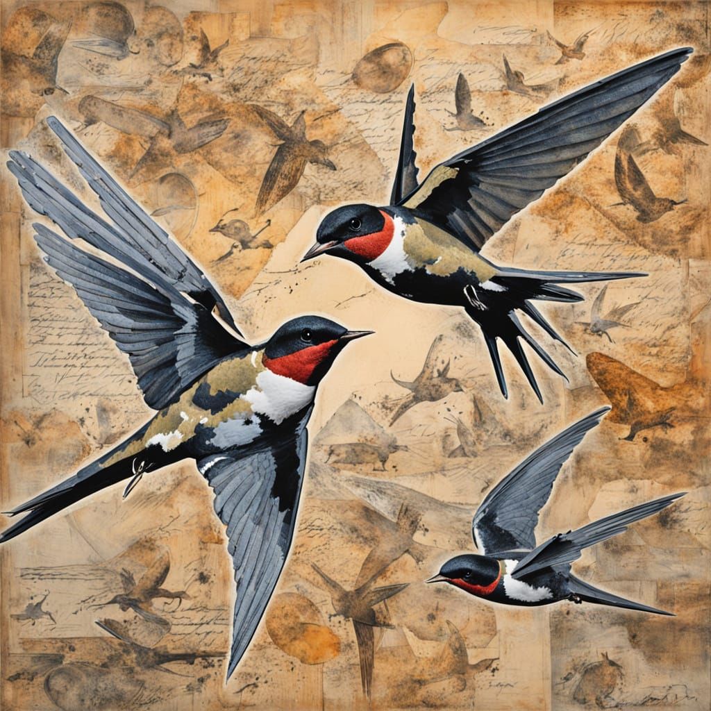 Collage Mixed Media Artwork of European Swallows in Flight