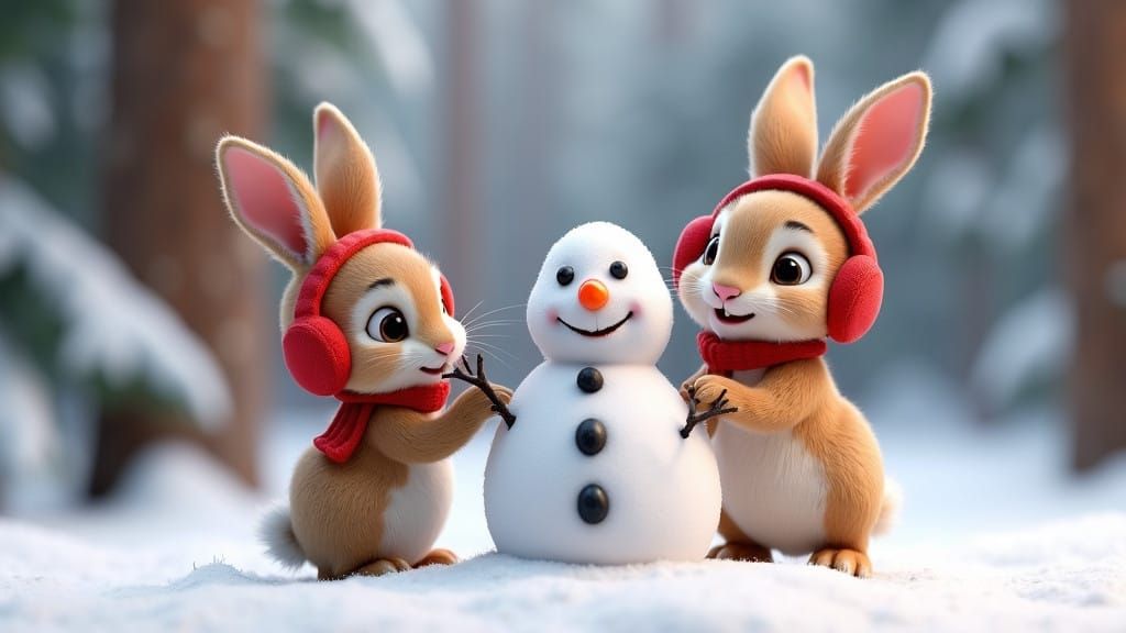 Adorable Bunnies Build a Snowman in Enchanted Forest