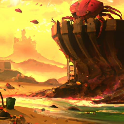 Crabs and Castle at Sunset, Detailed Digital Art