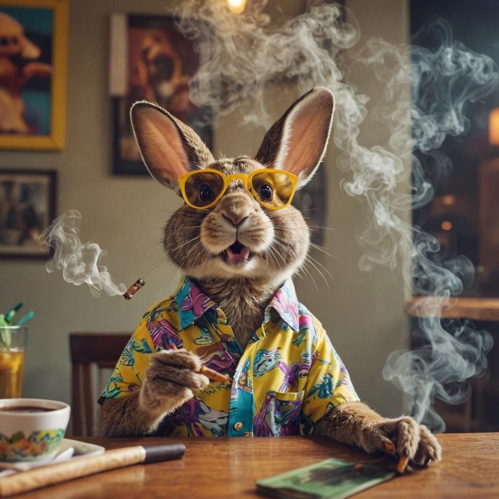 Anthropomorphic Rabbit in Neon Cafe, Detailed Matte Painting