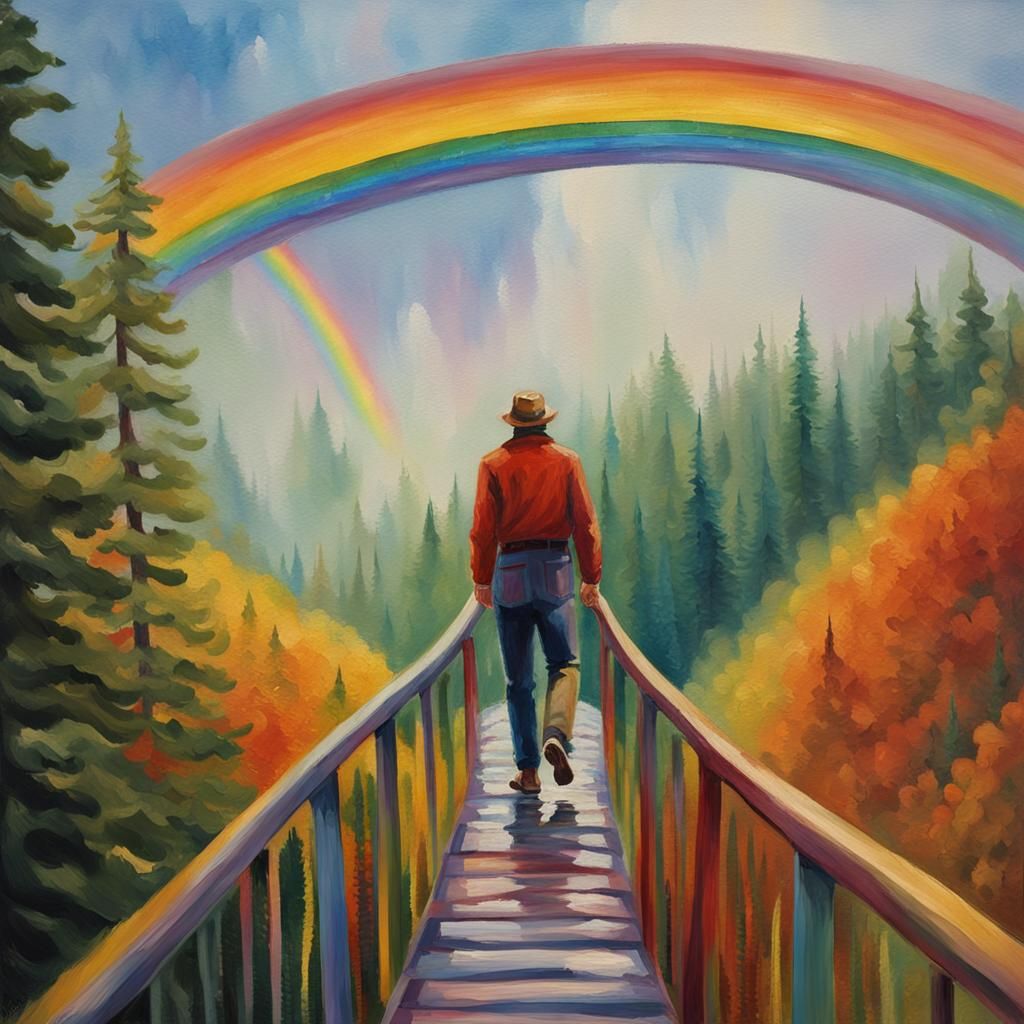 Man Walks Rainbow Bridge in Impressionistic Style