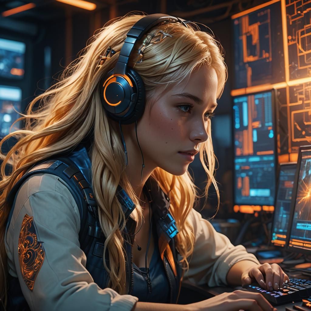 Gamer Girl in Dark Room with Glowing Screens