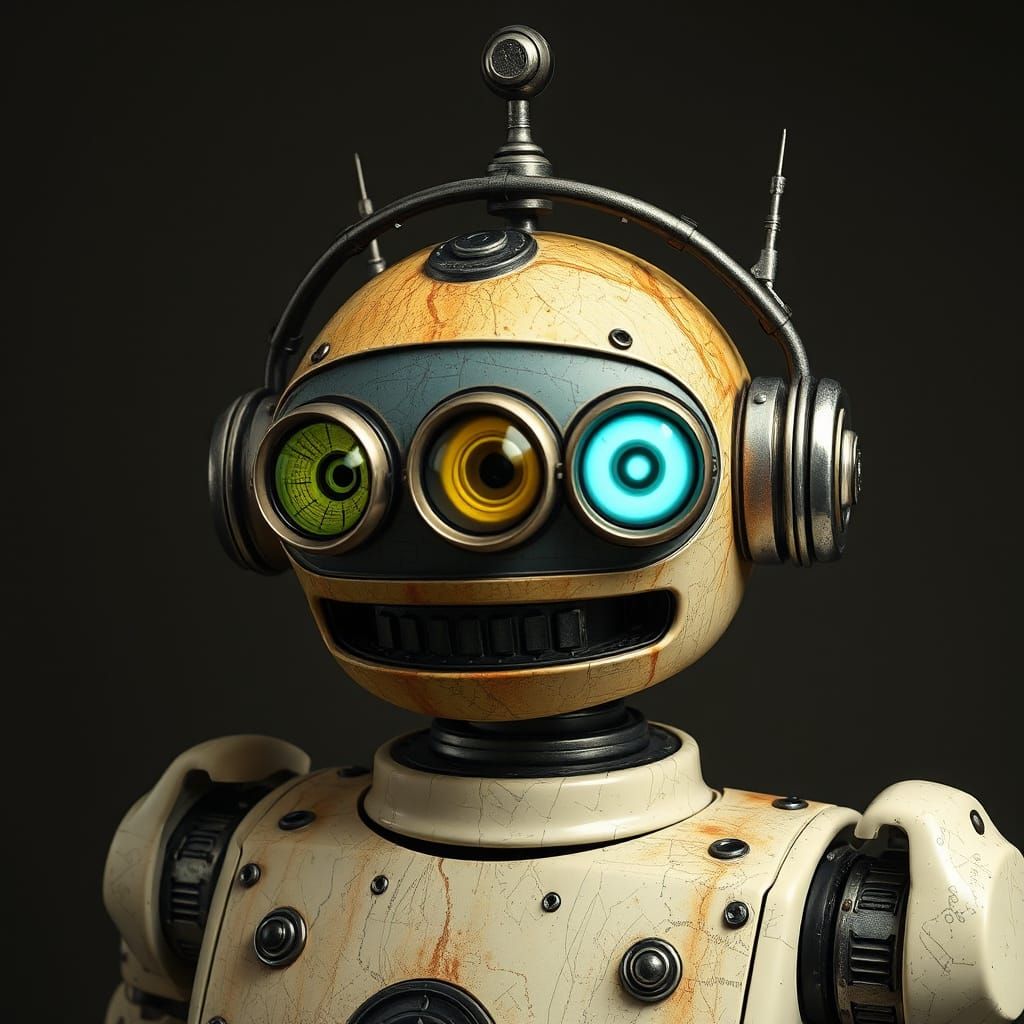Robot with Triangular Eyes Displaying Binary Code