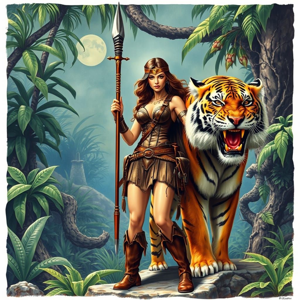 Amazon Warrior Girl and Saber-Tooth Tiger