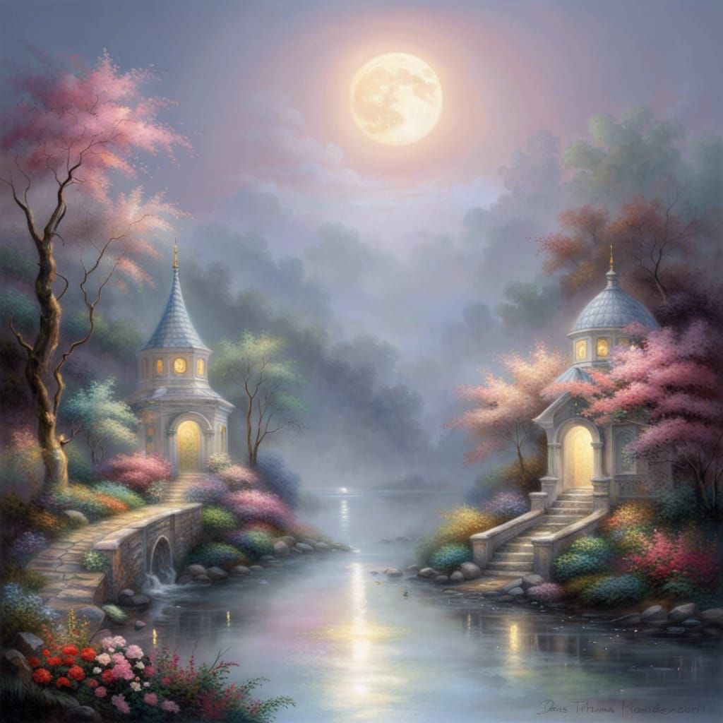Ethereal Temple Under Moonlight with Flowers