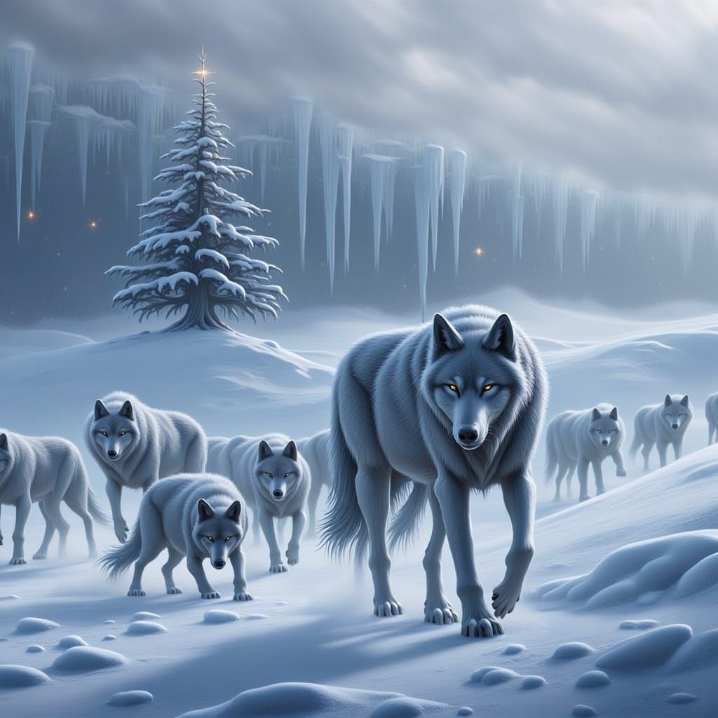 Grey Wolves in Snowy Hilly Landscape with Christmas Lights