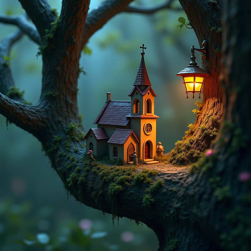 in a tree a miniature detailed city with houses, church, sma...