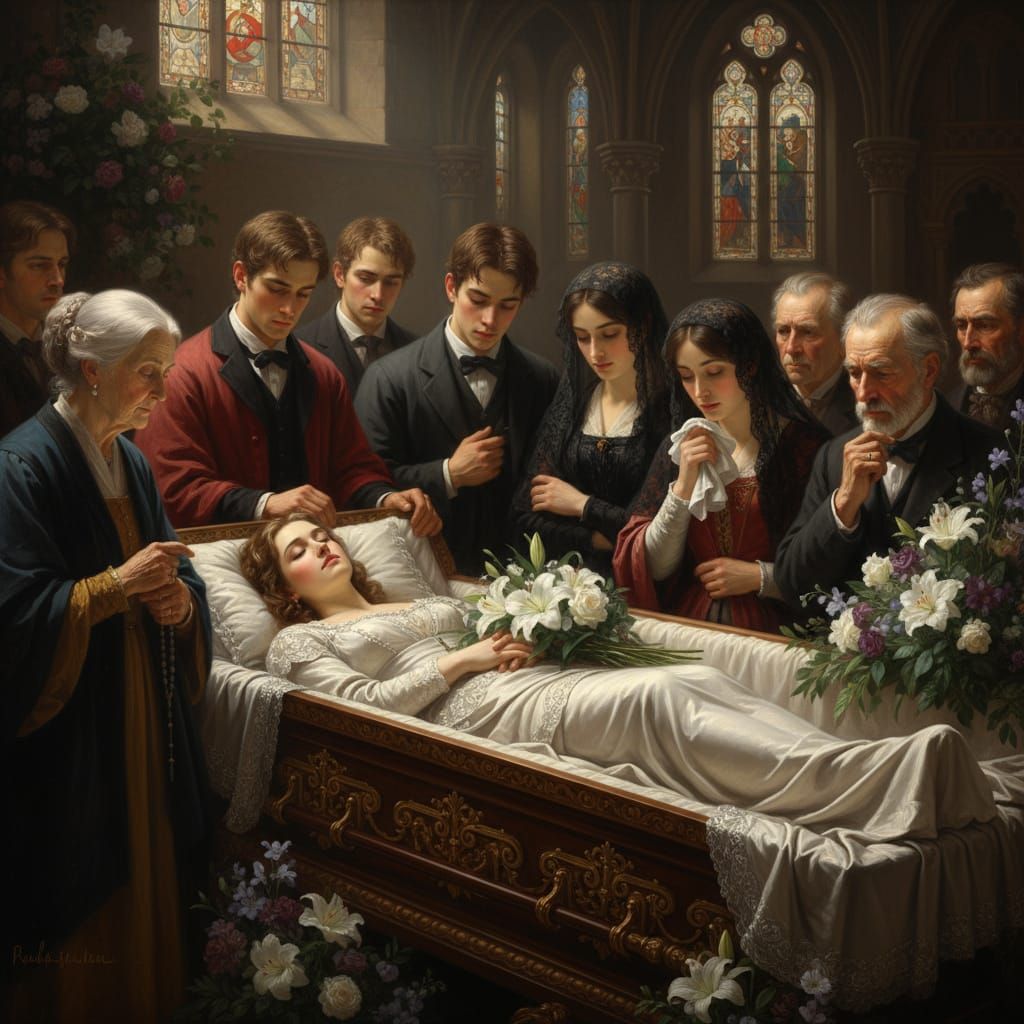 Grief and Remembrance: Woman in Ornate Casket