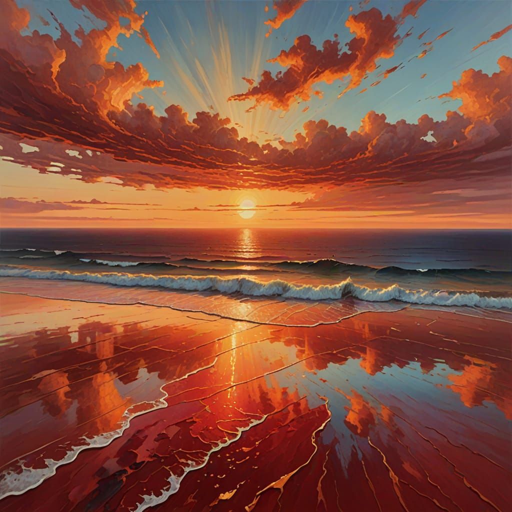 Ethereal Red Ocean Sunset in Surrealist Style