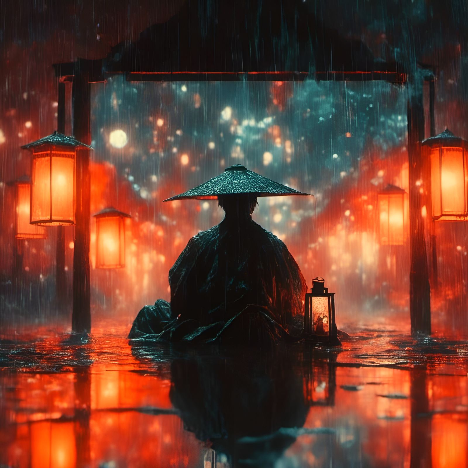 Rainy Samurai Under Lantern: Cinematic Film Still