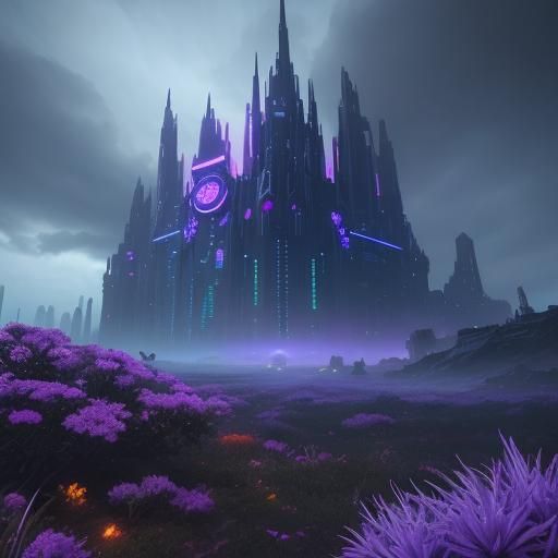 Futuristic Neon Cityscape with Magical Flora