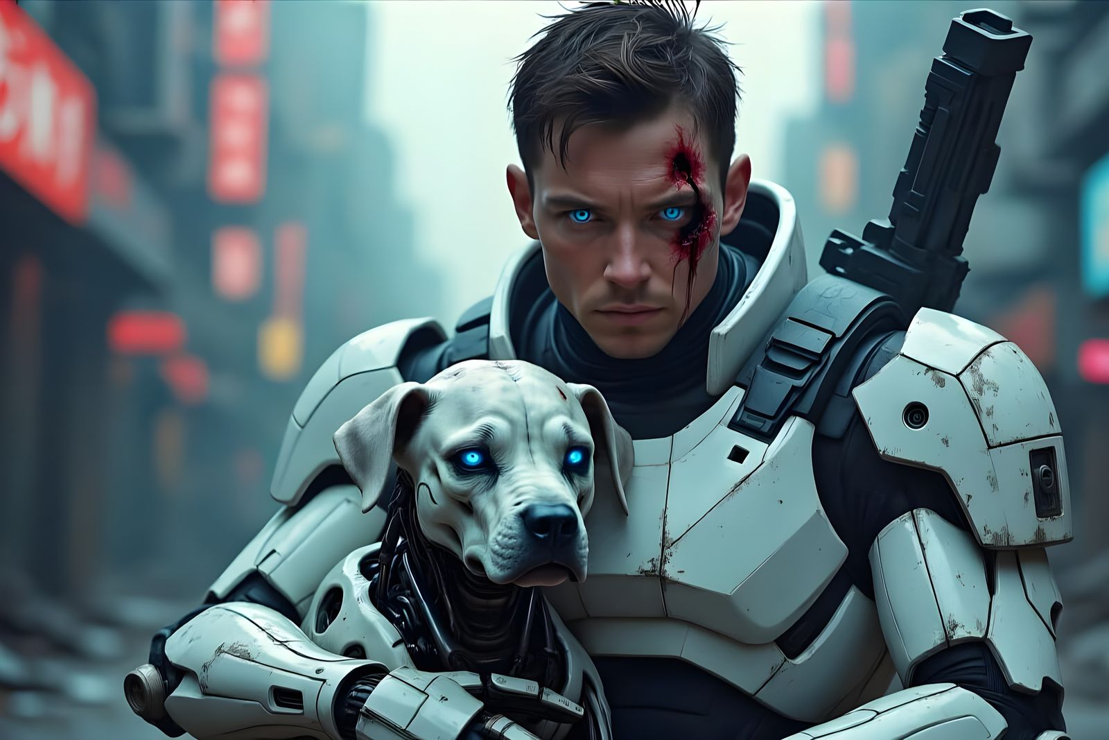 Cyborg Warrior with Robotic Dog in Dystopian Cityscape