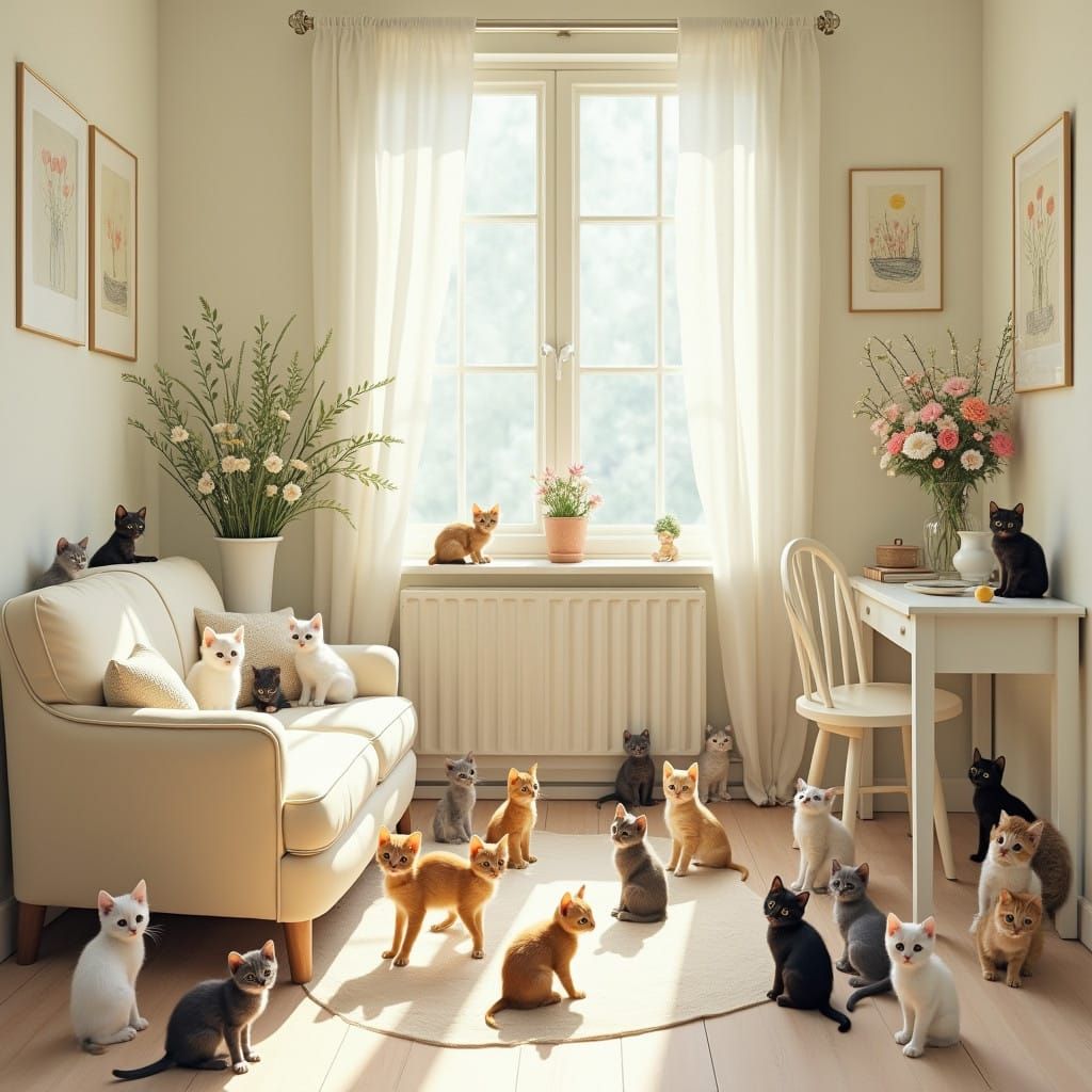 Whimsical Kitten Wonderland in a Bright, Airy Room
