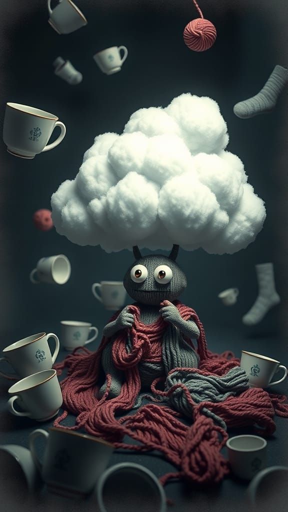 Whimsical Yarn Creature Knitting Storm Cloud in Surreal Land...