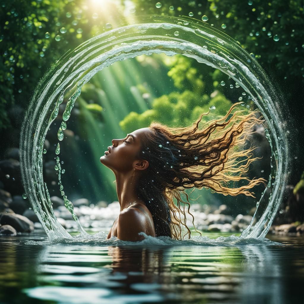 Woman in River Arched Water Spray Photorealistic