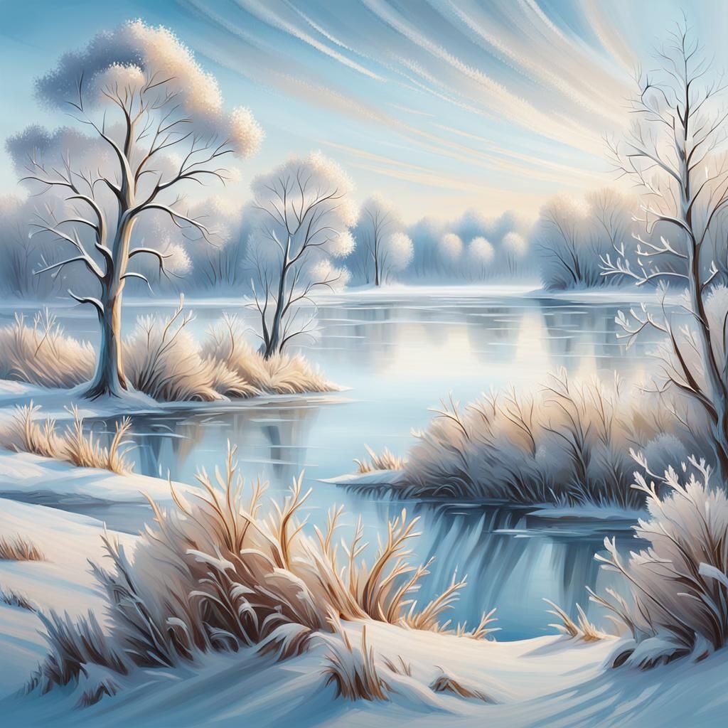 Serene Winter Wonderland in Dreamy Oil Painting Style