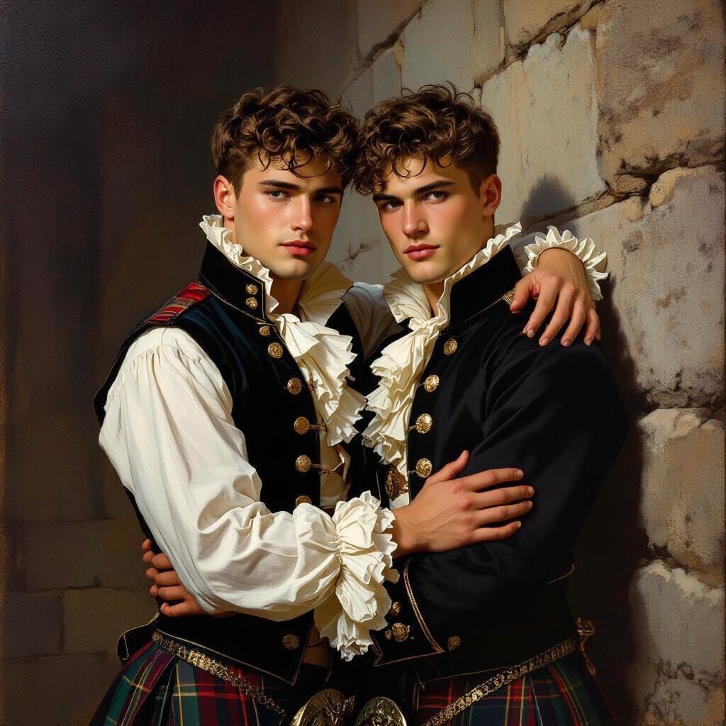 Highland Men Hugging by Castle Wall in Oil Painting Style