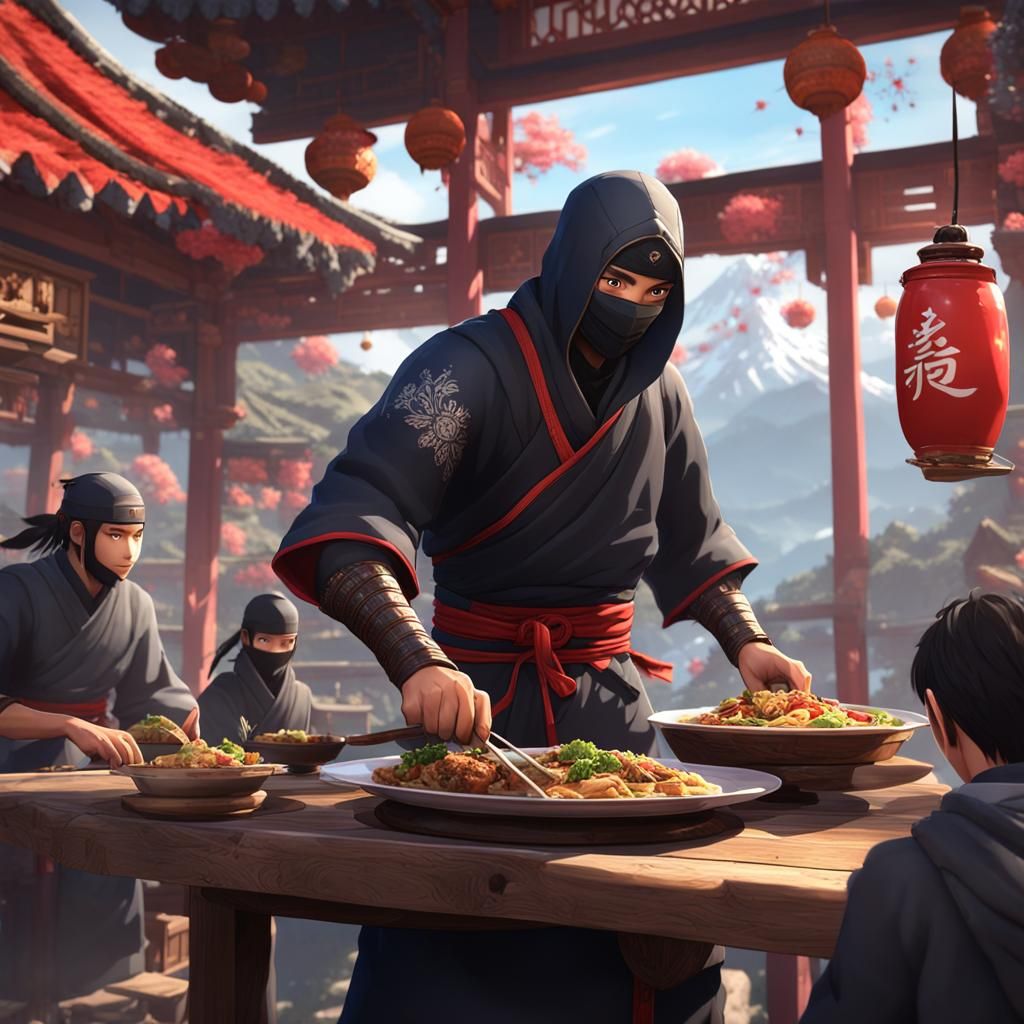 Ninja Warriors Waiters in Mountain Restaurant: Anime Art