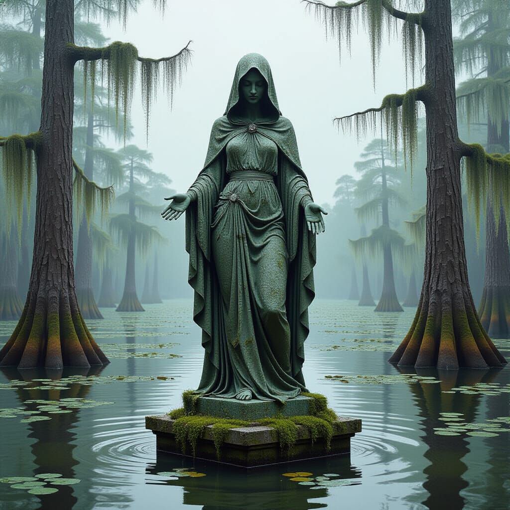 Granite Statue in Swamp Landscape - Fantasy Oil Painting