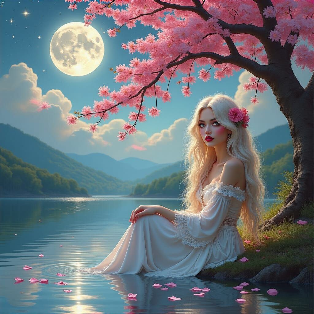 A moon thing, a majestic, cherry blossom tree, vibrant, pink flowers, reflecting on a serene, calm lake. Under the tree ...