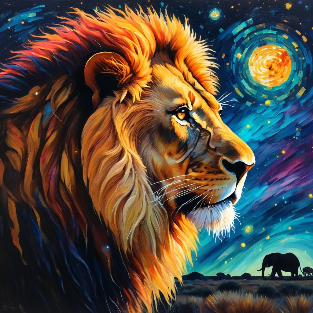 Lion in Starry Night Sky, Oil Painting