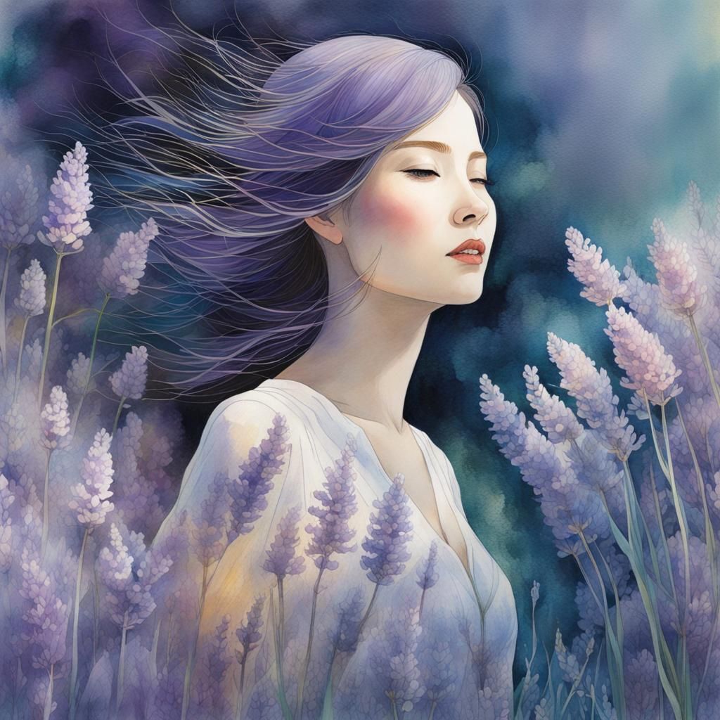 Lavender Field and Woman Composite in Art Brut Style