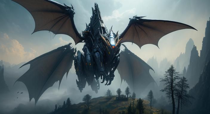 Futuristic Dragon Mech Over Elven City, Digital Art