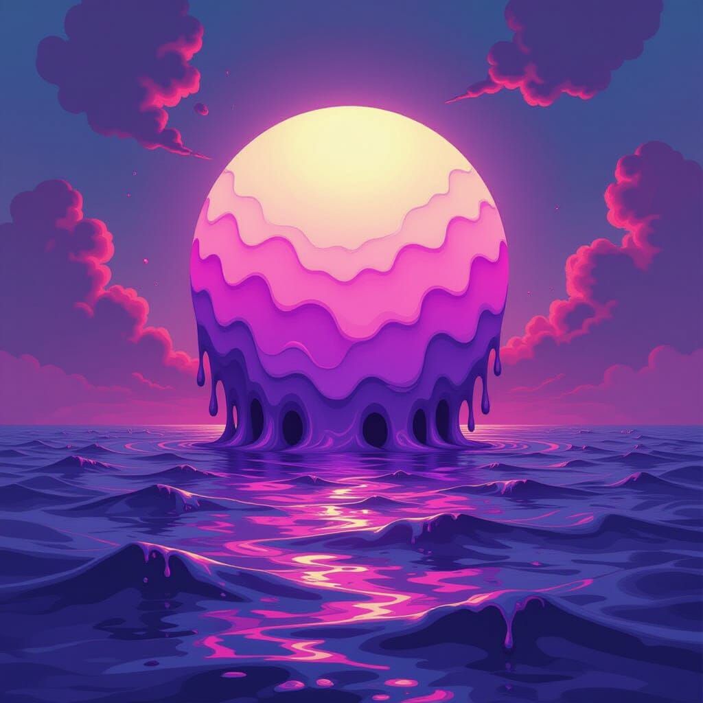 Melting Sun Drips Into Ocean, Trippy Oil Painting