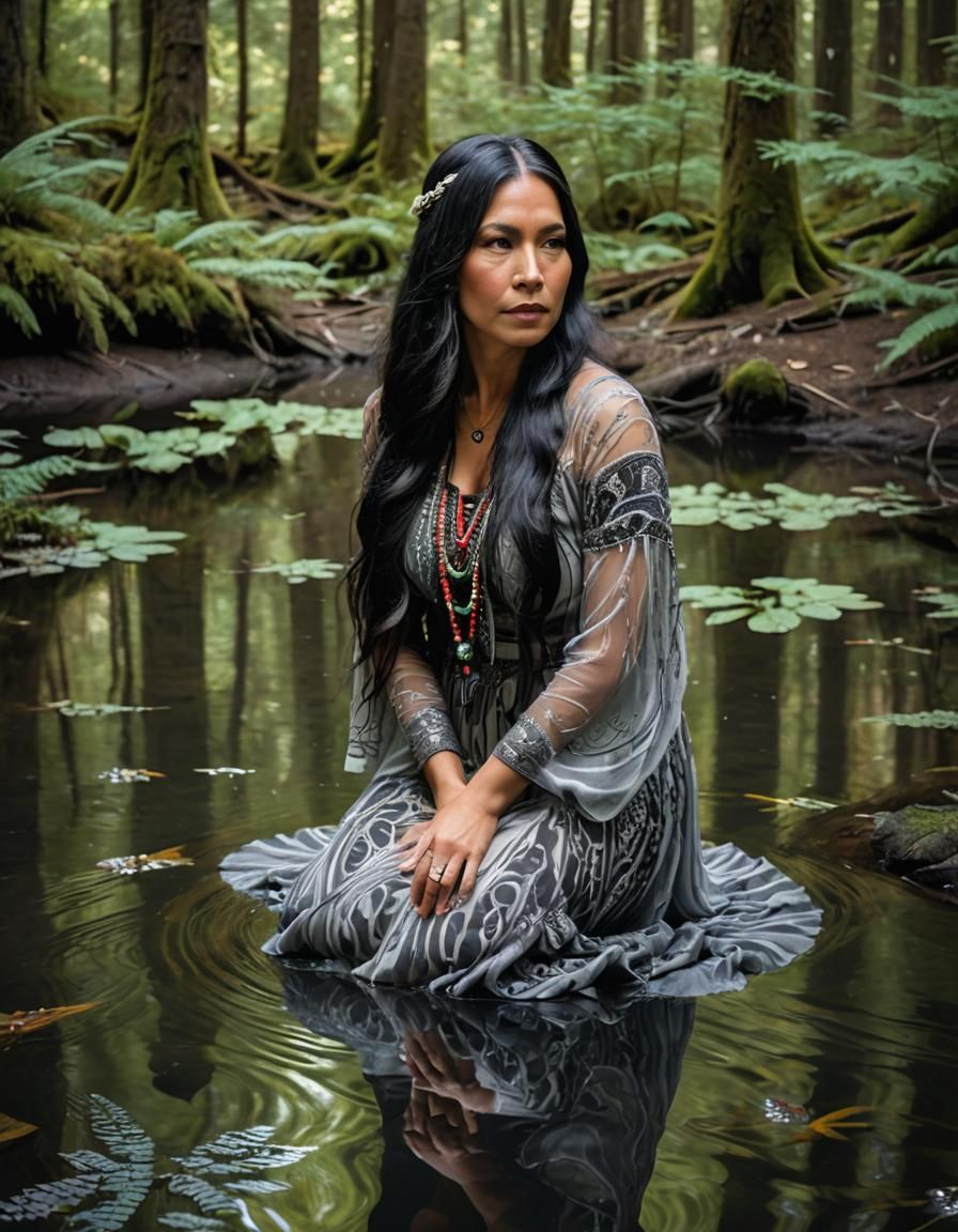 Indigenous Woman in Forest Pool with Traditional Dress