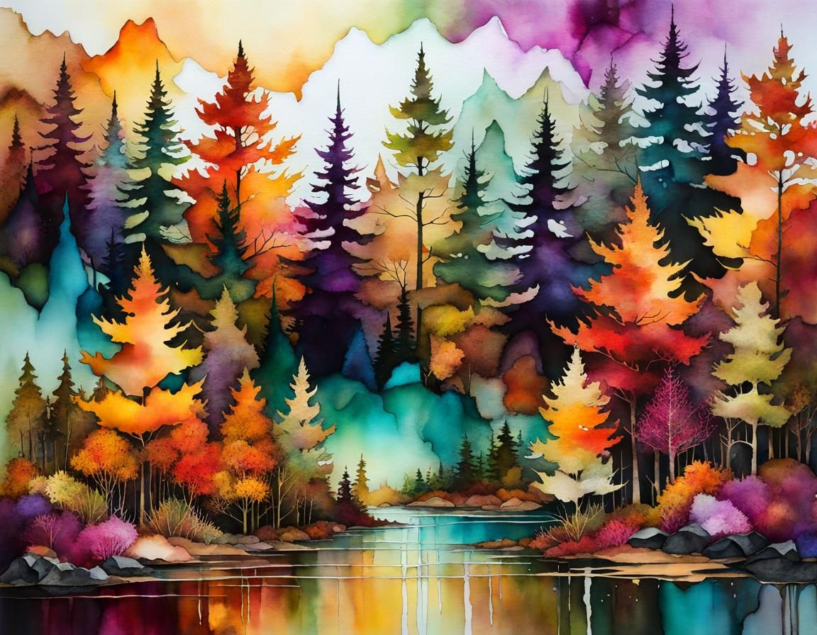 Ethereal Autumn Forest in Alcohol Ink Style