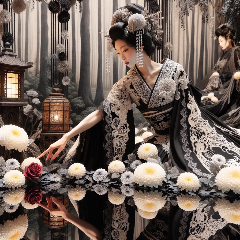 Elegant Geisha and Mirrored Reflection in Romantic Style