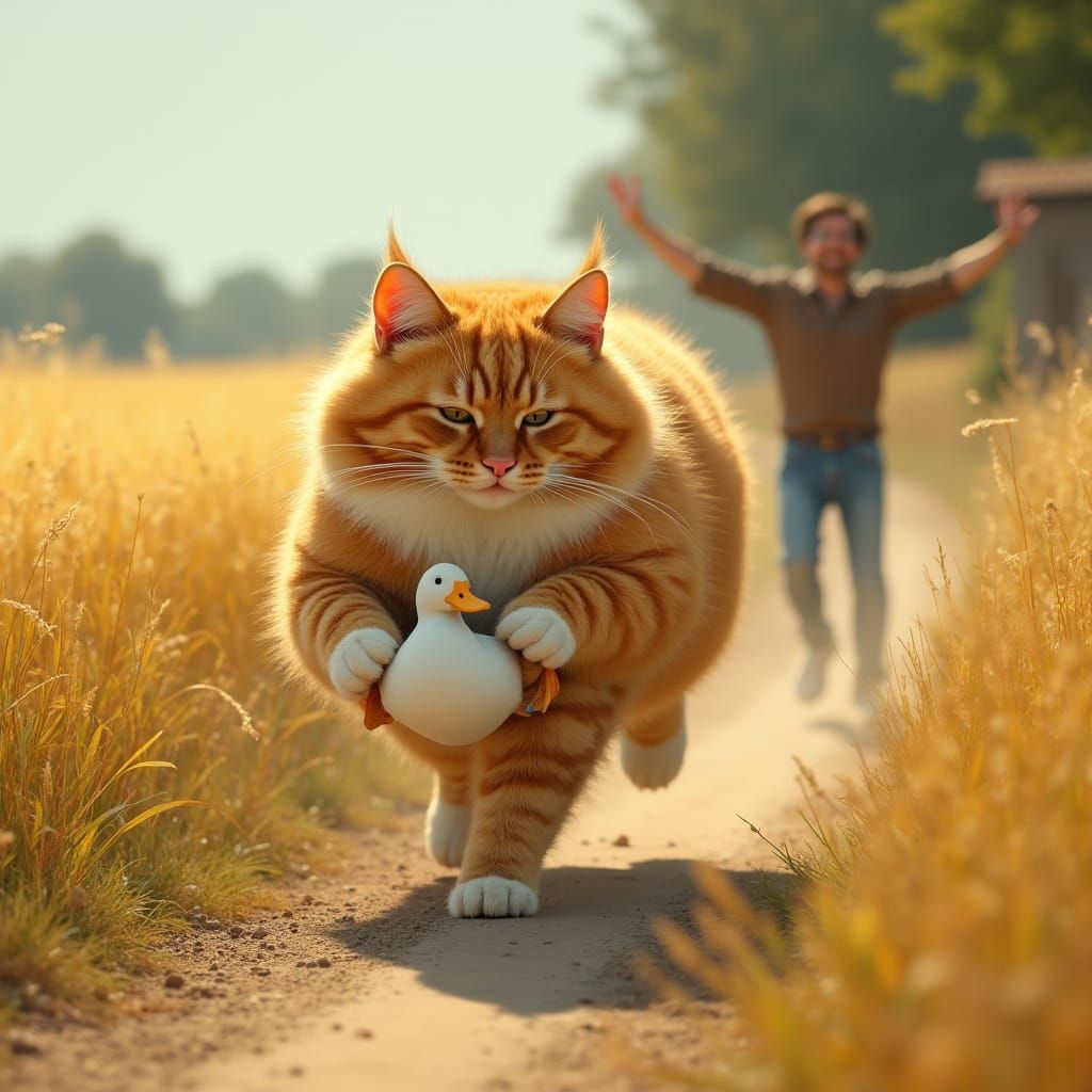 Marmalade Cat Chases Duck Down a Sunny Countryside Path