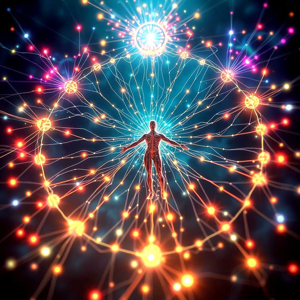 Interconnected Glowing Lifelines Radiate From Central Figure