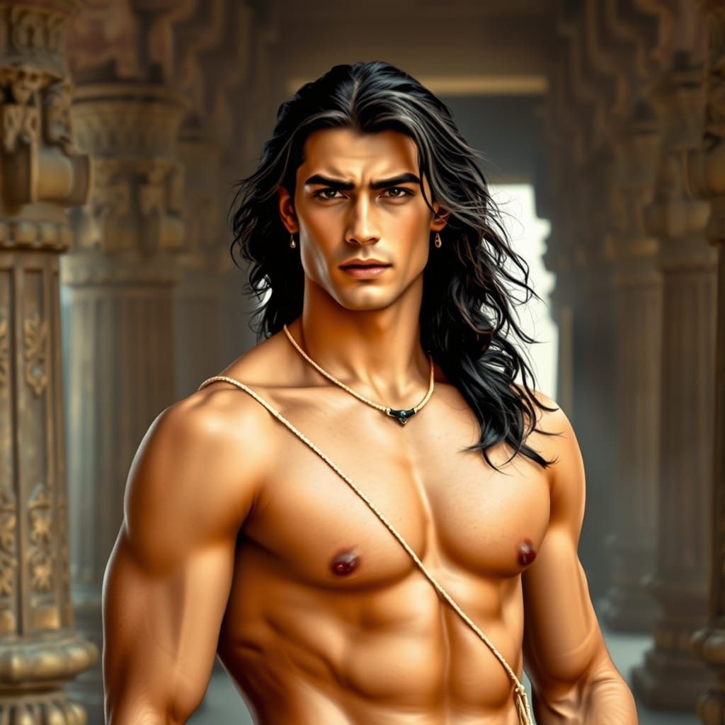 Chiseled Prince Amidst Ancient Indian Temples