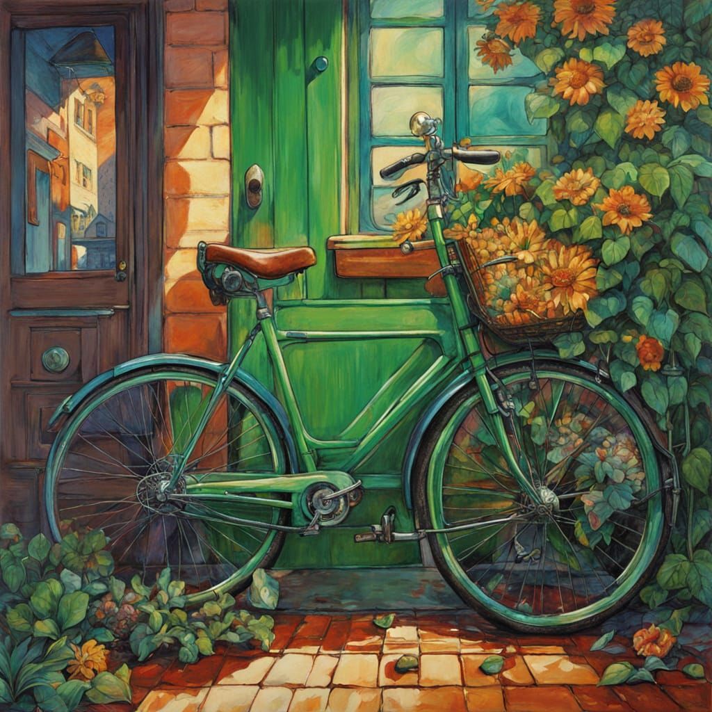 Green Bike Creates Astral Bloom: Holographic Illustration