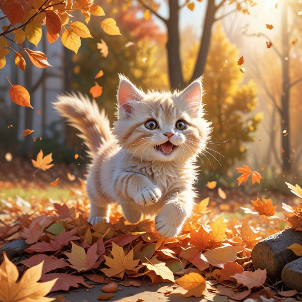 Whimsical Kitten Playing in Autumn Leaves